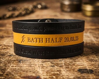 Half Marathon Bracelet personalised leather with choice of colours and adjustable length  – Gift Boxed