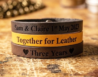 Personalised 3rd Wedding Anniversary leather Bracelet - Adjustable and Gift Boxed