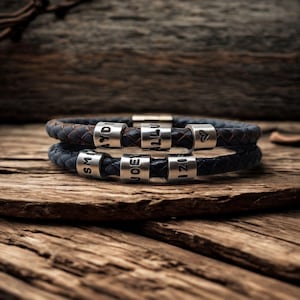 Personalised Men's Leather Bracelet: Three Hand Stamped Name Rings, Gift Boxed