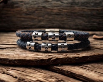 Personalised Men's Leather Bracelet: Three Hand Stamped Name Rings, Gift Boxed