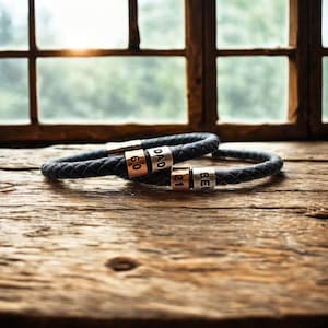 May include: Two black braided leather bracelets with silver and rose gold details. One bracelet has the word "DAD" and the number "60" on it. The other bracelet has the word "BEN" and the number "21" on it.