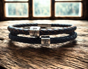 10th Anniversary Leather Tally Bracelet: Hand Stamped Aluminium Rings