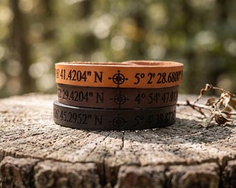 Adjustable Leather Personalised Coordinates Bracelet with Optional Secret Message  – Gift Boxed