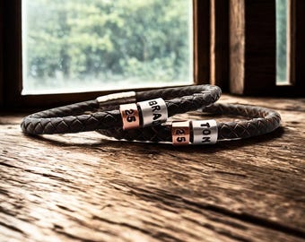 Personalised 25th Birthday Leather Bracelet: Braided Leather, Hand Stamped