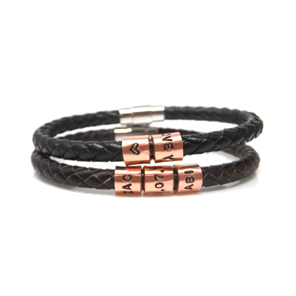 7th Wedding Anniversary Gift - Personalised Leather Bracelet - Copper Anniversary -