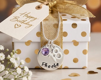 Personalised 18th Birthday Necklace: Custom Name Disc & Birthstone Charm