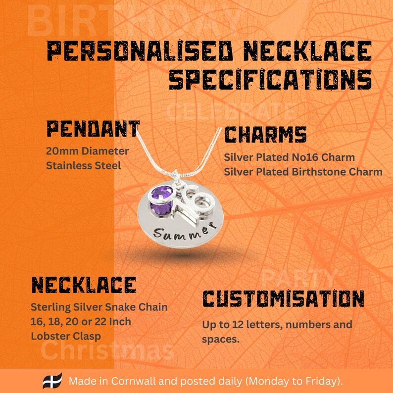 The detailed materials and personalised options for the 16th Birthday Necklaces