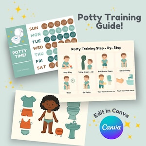 Puede incluir: Una guía de entrenamiento para ir al baño con ilustraciones y texto. La guía incluye una tabla con los días de la semana, pegatinas e instrucciones paso a paso. También se incluye una muñeca de papel con opciones de ropa. El texto dice "Potty Training Guide!" y "Potty Time!"