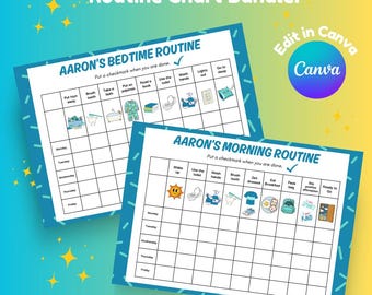 May include: Two blue and white routine chart printables. One chart is labelled "Aaron's Bedtime Routine" and the other is "Aaron's Morning Routine". The charts have illustrated icons for each task, and a space to put a checkmark when the task is complete. The text "Routine Chart Bundle!" is at the top.
