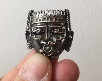 Vintage Mexican Silver Brooch / Aztec Style Sterling Silver Brooch, Mayan Silver Brooch, Mask Brooch FREE SHIPPNG