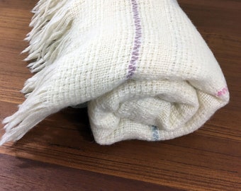 Vintage Cream Wool Blanket, Waffle Weave Striped Throw, 50x54
