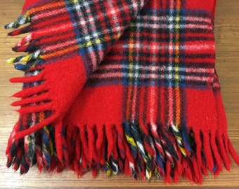 Vintage Red Plaid Wool Camp Blanket / wool throw, stadium blanket, plaid, tartan, fringe blanket, navy, yellow, 100% wool