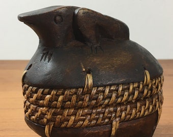 Vintage Lombok Basket with Carved Frog, Woven Rattan Trinket Box