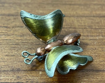Vintage Metales Casados Butterfly Brooch Mexico Sterling Silver Brass Mixed Metal 3D Insect Pin