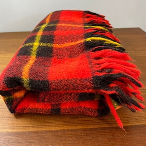 Vintage Faribo Red Plaid Camp Blanket with Fringe vintage throw, stadium blanket plaid tartan fringe blanket rustic décor Michael Cunningham