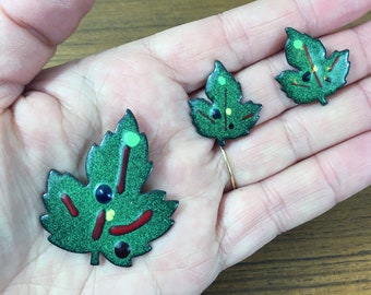 Vintage Enameled Leaf Brooch and Earrings Set, Copper Demi Parure