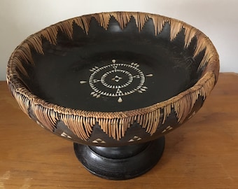 Vintage Lombok Wood Bowl, Rattan & Mother of Pearl Inlay, Indonesia
