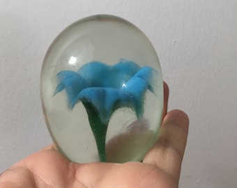 Signed Art Glass Paperweight / flower paperweight, blue flower