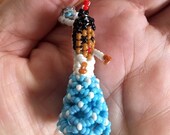 Kachina Doll Necklace Seed Bead Necklace Souvenir Necklace Vintage 1960s Clear, Blue, and White Beads