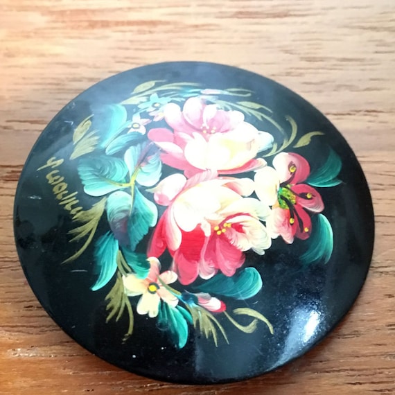 Khokhloma brooch / Russian Lacquer Brooch, USSR je