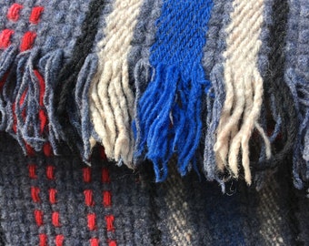 Vintage Wool Camp Blanket / wool throw, stadium blanket, plaid, tartan, red, white blue, gray