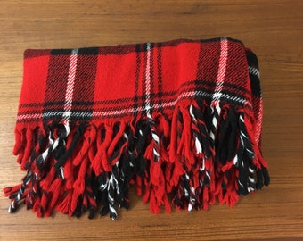 Red Plaid Faribo Blanket, Fringe Throw, Winter Decor