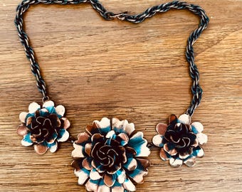 MCM Copper Flower Necklace Signed Floral Choker