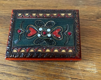 Polish Pyrography Wood Box, Folk Art Heart Trinket Box