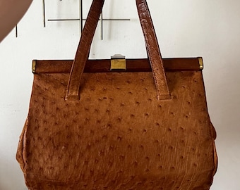 Vintage 1960s Fassbender Ostrich Leather Handbag, Light Tan