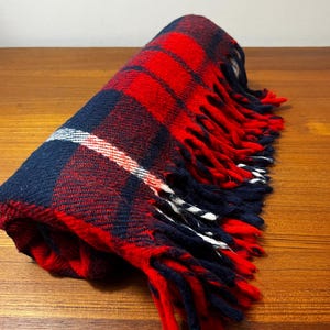 Vintage Faribo Plaid Camp Blanket with Fringe red white blue vintage throw, stadium blanket plaid tartan rustic décor Faribault