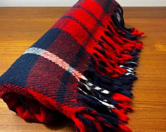Vintage Faribo Plaid Camp Blanket with Fringe red white blue vintage throw, stadium blanket plaid tartan rustic décor Faribault