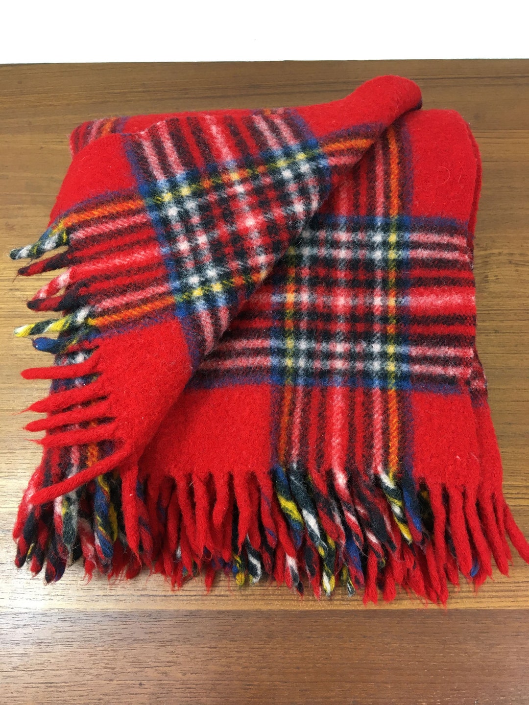 Vintage Red Plaid Wool Camp Blanket / Wool Throw, Stadium Blanket