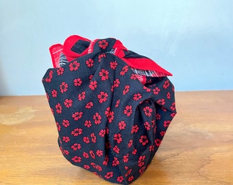 Vintage Floral Furoshiki Cloth, Red Flowers, Japanese Wrapping Fabric