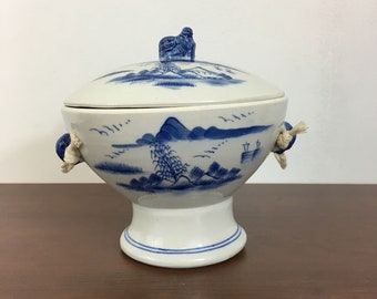 Vintage Chinoiserie Bowl People's Republic of China footed bowl  hand painted bowl, lidded bowl, ceramic pedestal bowl, blue and white