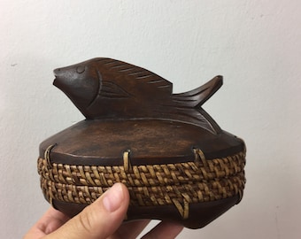 Vintage Lombok Basket, Woven Rattan Trinket Box with Carved Fish