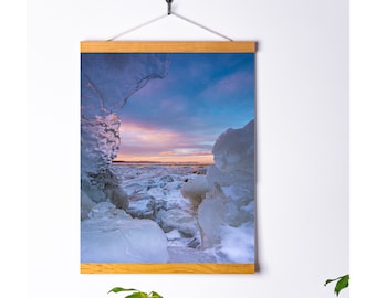 Photograph printed on matte paper showing the Kamouraska River in winter in Quebec, wall decoration poster