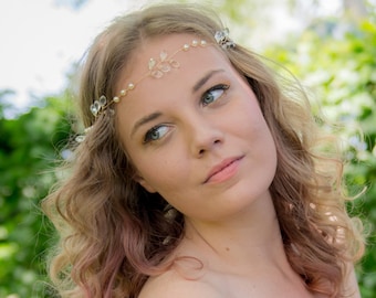 Delicate kristallen en parels haar Vine, Halo, bruids zendspoel, bruidsmeisjes hoofddeksels op gouden draad