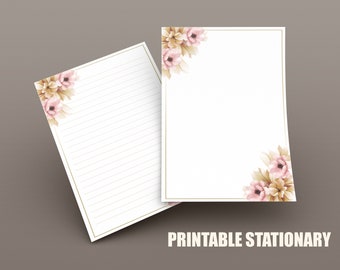 Pink flower Printable Stationery, Writing Paper, Digital Paper, Printable Paper, 8.5x11, Lined and unlined paper, instant download