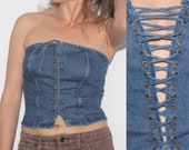 Denim Corset Vest Halter Top Country Western 90s Style Pin Up Style Festival Top Denim Sexy Top Western Boho Sleeveless Open Back Small Size