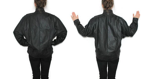 Leather BOYFRIEND Leather Bomber Jacket 80s Black Vintage Crop Motorcycle Biker Coat Short Moto Unisex Blazer 1980s Women Hipster Large