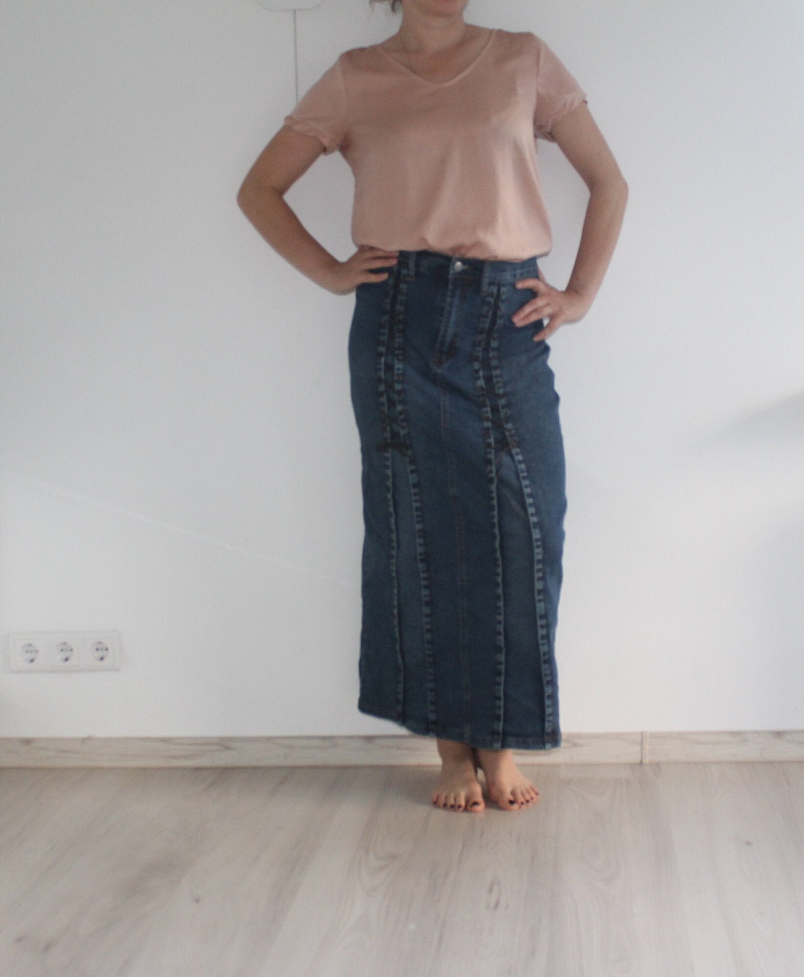 90s Tie up Style Maxi Long Denim Skirt 