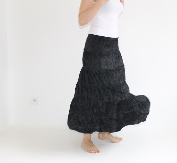 Velvet Black Long Skirt High Waist A Line Grunge Pencil Maxi Length Long Skirt Floor Length Elegant Gothic Black Velvet Steampunk Ruffles