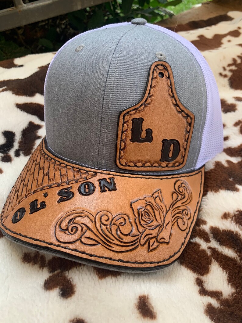 Tooled Leather Baseball Cap Bill Etsy België