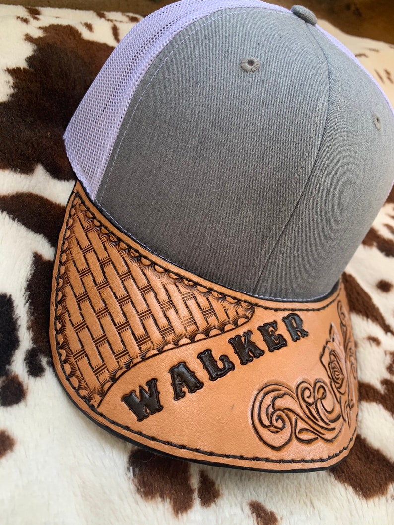 Tooled Leather Baseball Cap Bill Etsy