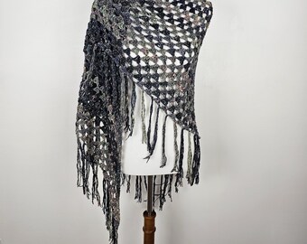 Oversized Fringe Shawl – Hand Crocheted Boho Wrap – Cotton Rayon Silk Blend – Casual Statement Shoulder Wrap