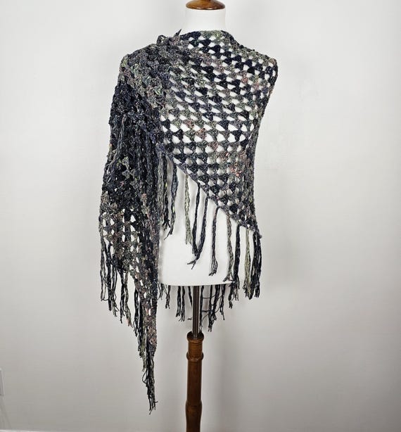 Oversized Fringe Shawl – Hand Crocheted Boho Wrap – Cotton Rayon Silk Blend – Casual Statement Shoulder Wrap
