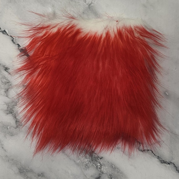 5" Precut Square Long Pile Mongolian Faux Fur Fabric Red Tipped White For Poms and Gnome Beards