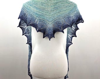 Blue Gradient Lace Shawl – Hand Knit Merino Cashmere Scarf – Lightweight Wrap – Ocean Inspired Fine Knit Shoulder Shawl