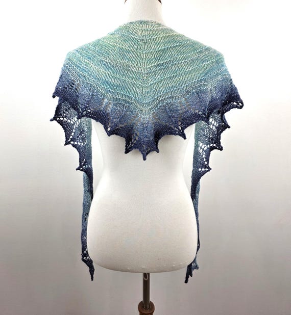 Blue Gradient Lace Shawl – Hand Knit Merino Cashmere Scarf – Lightweight Wrap – Ocean Inspired Fine Knit Shoulder Shawl