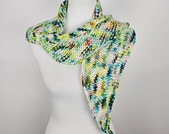 Chunky Knit Asymmetrical Scarf – Hand Knit 100% Merino Wool – Green Rainbow Bulky Winter Scarf – 60 x 10.5